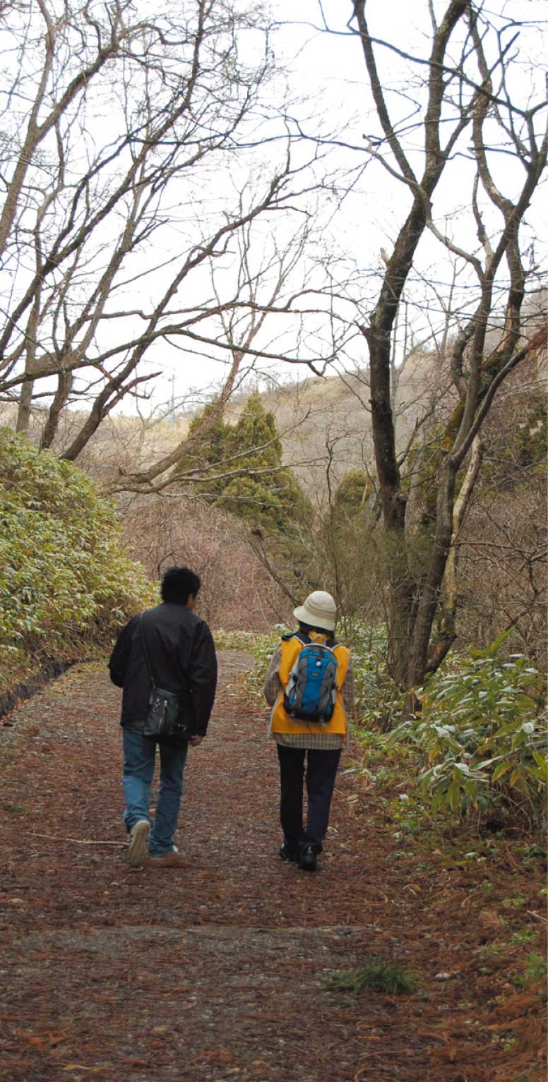 函館山散策道を歩く青山編集長と村本ゆり子さんの後ろ姿